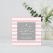 Pink Gray Nautical Stripes Kinderdusche Einladung (Stehend Vorderseite)