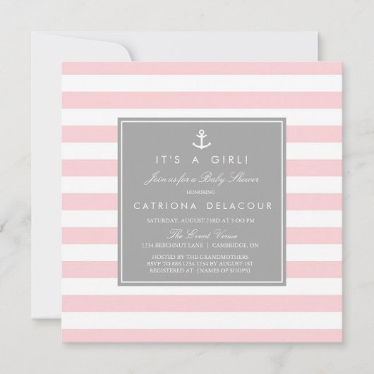 Pink Gray Nautical Stripes Kinderdusche Einladung (Vorderseite)