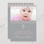 Pink Gray Pearl Cross Baby Girl Foto Christening Einladung (Vorne/Hinten)