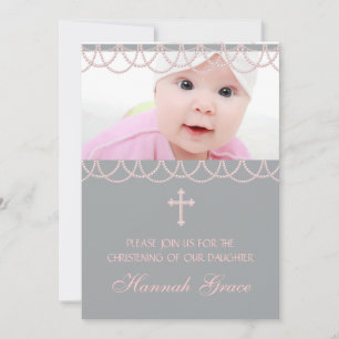 Pink Gray Pearl Cross Baby Girl Foto Christening Einladung