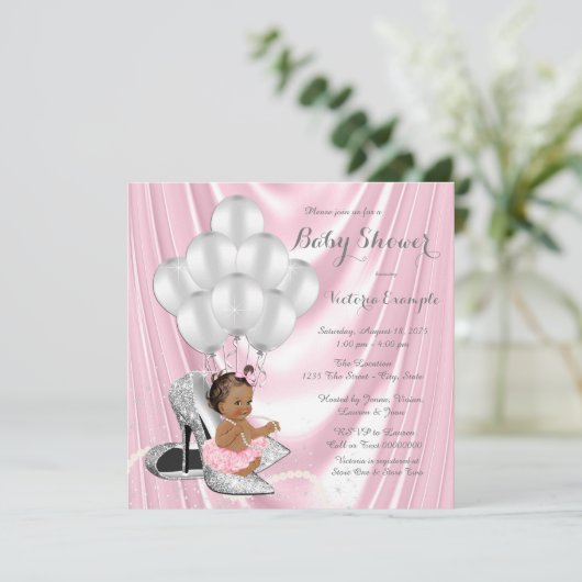 Pink Gray Pearl High Heel Ethnic Baby Dusche Einladung (Stehend Vorderseite)