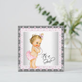 Pink Gray Pearl Vintag Baby Girl Dusche Einladung (Stehend Vorderseite)