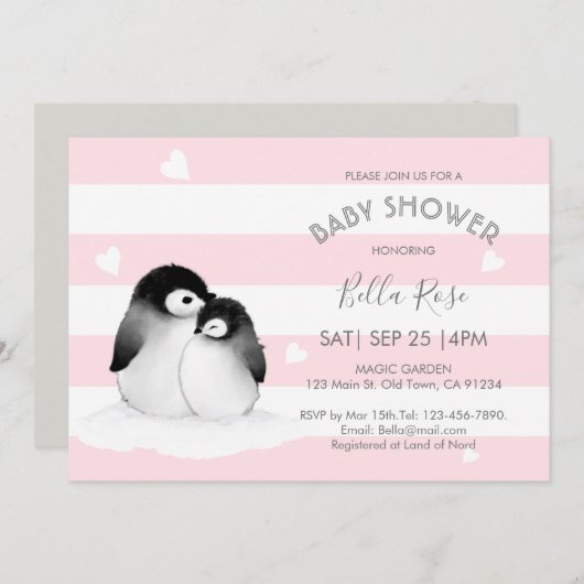Pink Gray Pinguin Baby Dusche Einladungen (Vorne/Hinten)