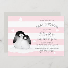 Pink Gray Pinguin Baby Dusche Einladungen