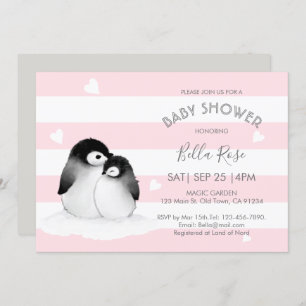 Pink Gray Pinguin Baby Dusche Einladungen