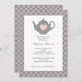 Pink + Gray Quatrefolie Babydusche Tee Party Einladung (Vorne/Hinten)