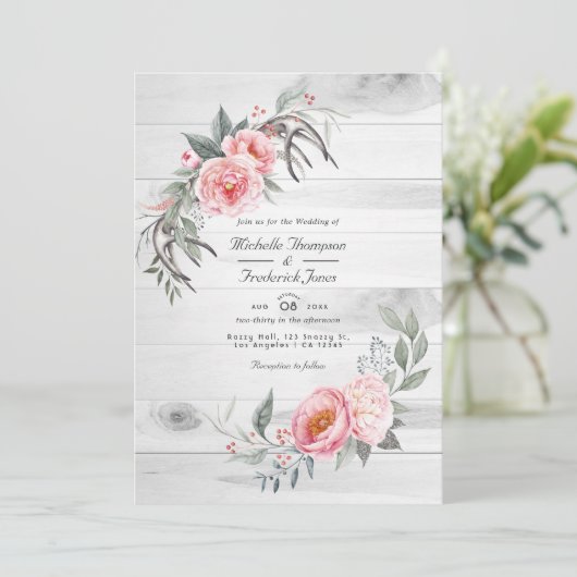 Pink & Gray Rustic Bohemisch Floral QR Code Weddin Einladung (Stehend Vorderseite)