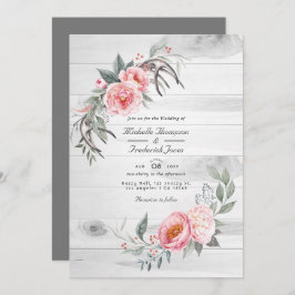Pink & Gray Rustic Bohemisch Floral QR Code Weddin Einladung