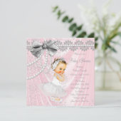 Pink Gray Satin Pearl Little Lady Baby Dusche Einladung (Stehend Vorderseite)