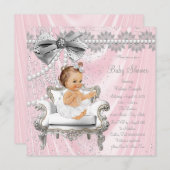 Pink Gray Satin Pearl Sessel Baby Dusche Einladung (Vorne/Hinten)