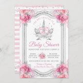 Pink Gray Silver Diamond Unicorn Kinderdusche Einladung (Vorne/Hinten)