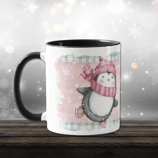 Pink Gray Snowflake Pinguin Tasse