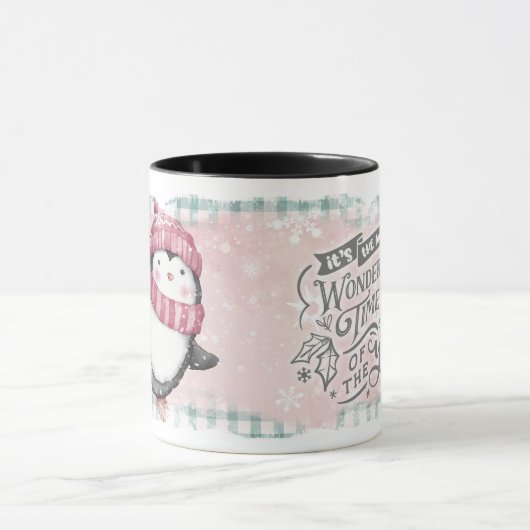 Pink Gray Snowflake Pinguin Tasse (Zentrum)