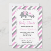 Pink & Gray Stripes Baby Elephant | Babydusche Einladung (Vorderseite)