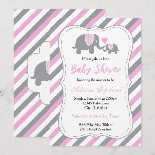 Pink & Gray Stripes Baby Elephant | Babydusche Einladung (Vorne/Hinten)