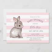 Pink Gray Stripes Bunny Heart Baby Dusche einladen Einladung (Vorderseite)