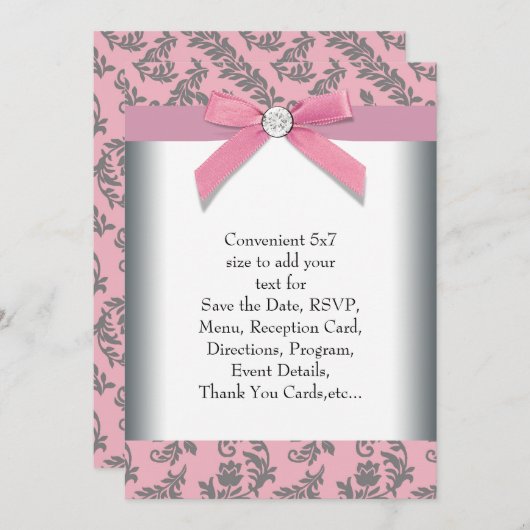 Pink Gray Swirl Damask Einladung (Vorne/Hinten)