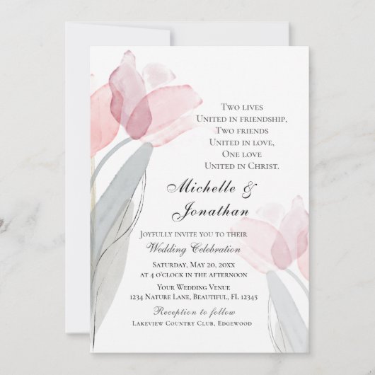 Pink Gray Tulips Moderne Christliche Hochzeit mit  Einladung (Vorderseite)