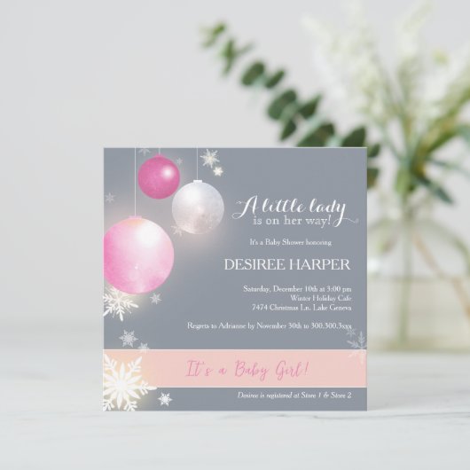 Pink & Gray Weihnachtsmädchen-Dusche Einladung (Stehend Vorderseite)