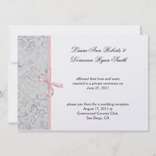 Pink Gray White Damask Post Wedding Einladung (Vorderseite)