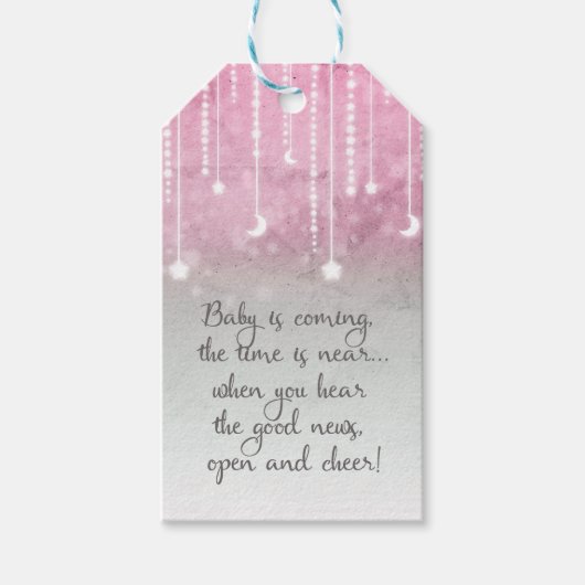 Pink Gray White Moon & Stars Celestial Baby Dusche Geschenkanhänger (Vorderseite)