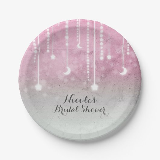 Pink Gray White Moon & Stars Celestial Baby Dusche Pappteller (Vorderseite)