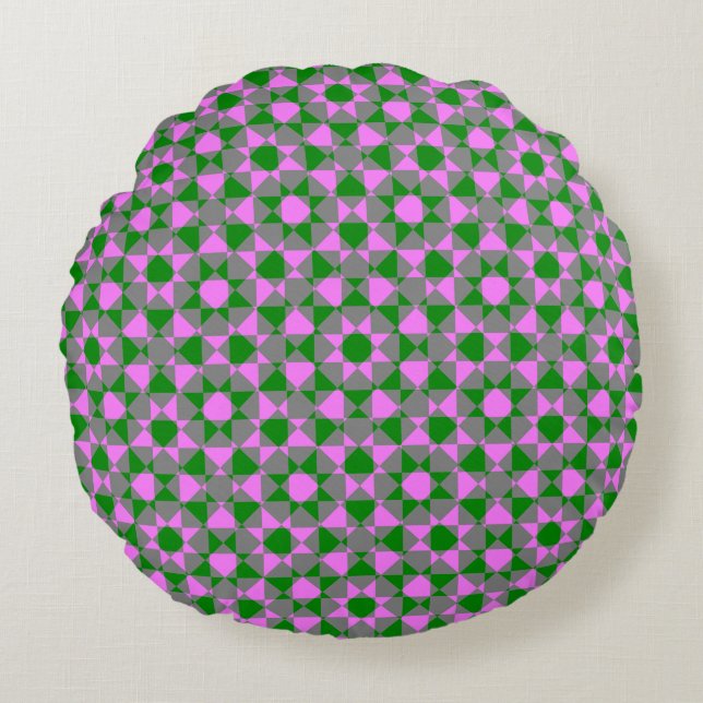Pink Green Abstract Checker Square Pattern Rundes Kissen (Vorderseite)