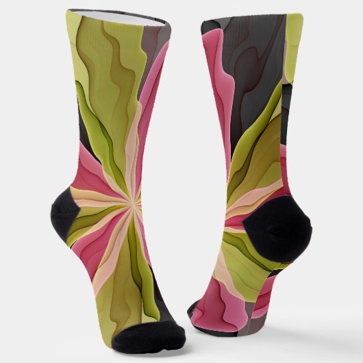 Pink Green Anthracite Fantasy Flower Fractal Art Socken (Gewinkelt)