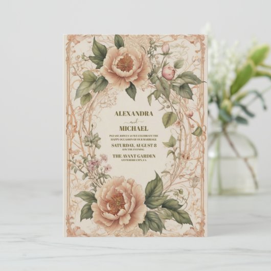 Pink Green Art Nouveau Floral Wedding Einladung (Stehend Vorderseite)