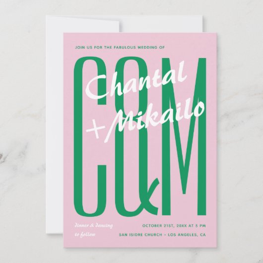 Pink Green Big Monogram Creative Bold Fun Wedding Einladung (Vorderseite)
