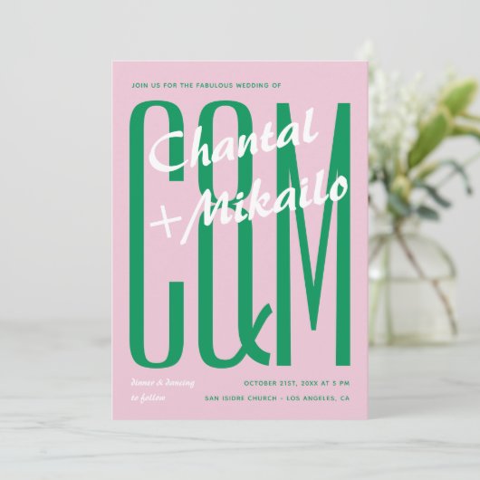 Pink Green Big Monogram Creative Bold Fun Wedding Einladung (Stehend Vorderseite)