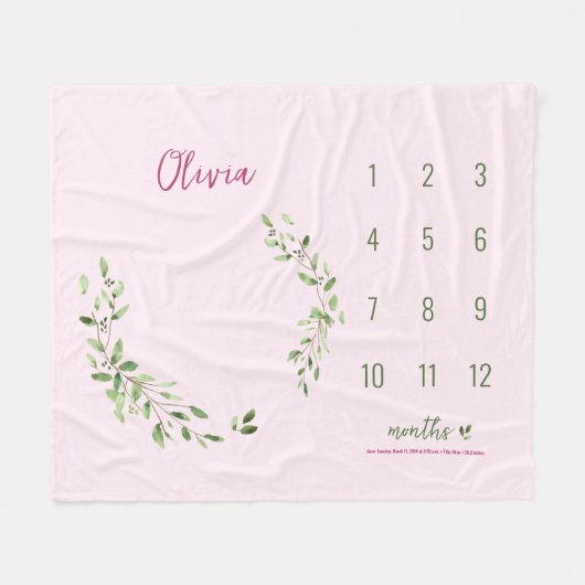 Pink Green Blätter Baby Girl Monthly Meilenstein Fleecedecke (Vorderseite (Horizontal))