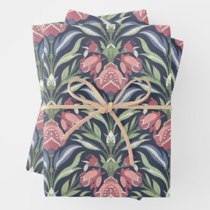 Pink Green Blue Art Nouveau Floral Creme Green Geschenkpapier Set