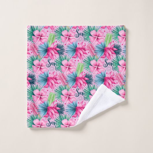 Pink Green Blue Tropical Summer Floral Blume Badhandtuch Set (Waschlappen)