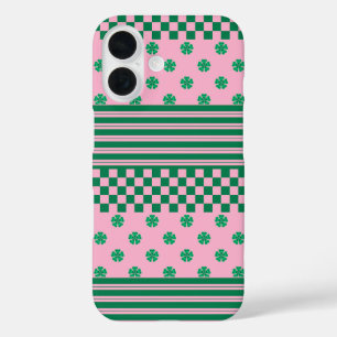 Pink Green Boho Karo Blumenmuster iPhone 16 Hülle