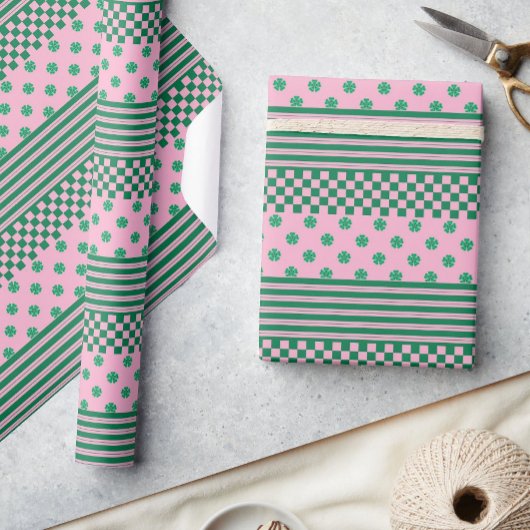 Pink Green Boho Karo Blumenmuster Geschenkpapier