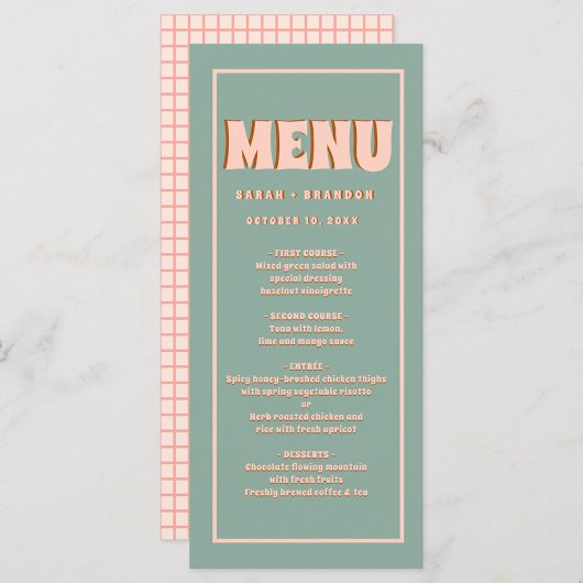 Pink Green Bold Groovy Typografy Wedding Menu Menükarte