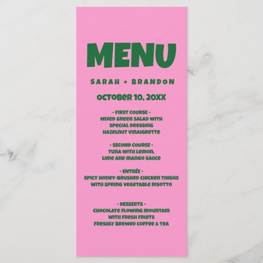 Pink Green  Bold  Retro Wedding Menu Menükarte (Vorderseite)