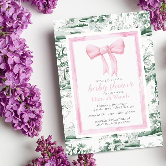 Pink & Green Bow Chinoiserie mit Hinterteil-Bearbe Einladung