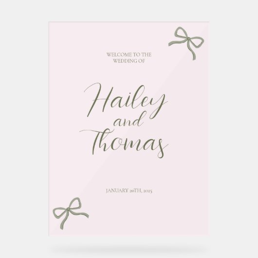 Pink & Green Bow Hochzeitszeichen Acrylschild (Vorderseite)