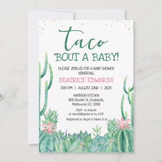 Pink Green Cactus Taco 'Bout A Baby Shower Einladung (Vorderseite)