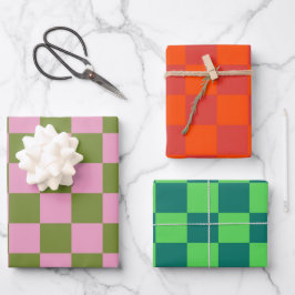 Pink Green Checkered Gingham Pattern Geschenkpapier Set