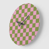 Pink Green Checkered Gingham Pattern Große Wanduhr (Winkel)