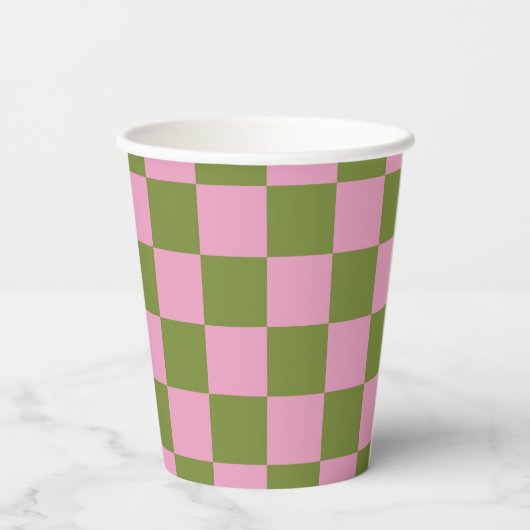 Pink Green Checkered Gingham Pattern Pappbecher (Rückseite)