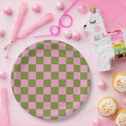Pink Green Checkered Gingham Pattern Pappteller (Party)