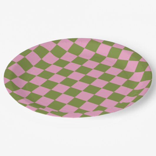 Pink Green Checkered Gingham Pattern Pappteller (Schrägansicht)