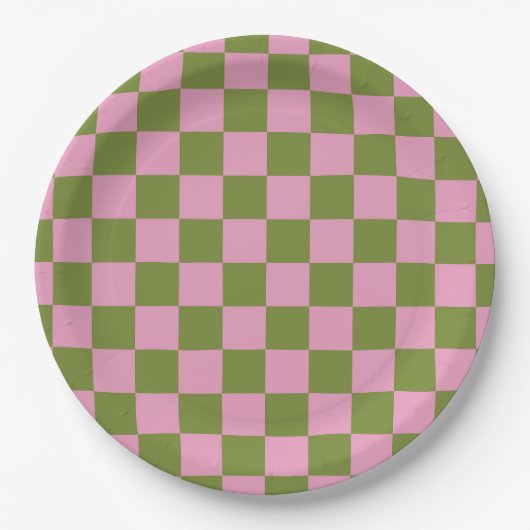Pink Green Checkered Gingham Pattern Pappteller (Vorderseite)
