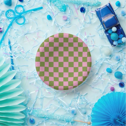 Pink Green Checkered Gingham Pattern Pappteller (Party)