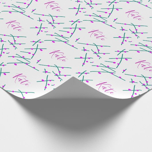 Pink green cherry tree name boho retro rustic bold geschenkpapier (Ecke)