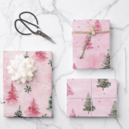 Pink Green Christmas Trees Geschenkpapier Set